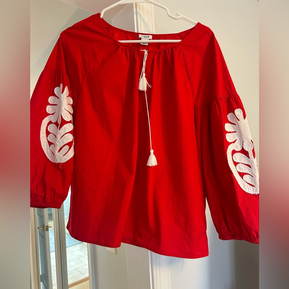J Crew red tunic with white appliqué